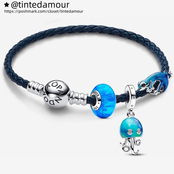 Pandora Colour-changing Jellyfish and Round Clasp Blue Braided Leather Bracelet - Picture 1 of 5